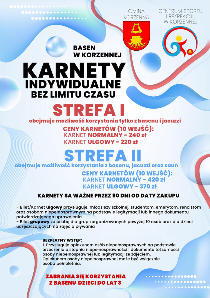 Ceny karnetów na basenie w Korzennej 2026
