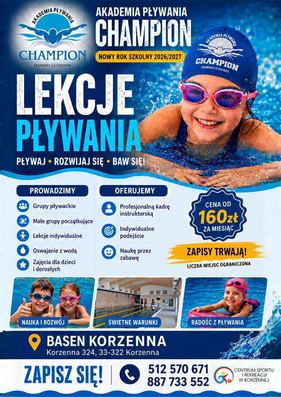 Szkoła Pływania CHAMPION zapisy na nowy rok szkolny 2026 / 2027 w Korzennej