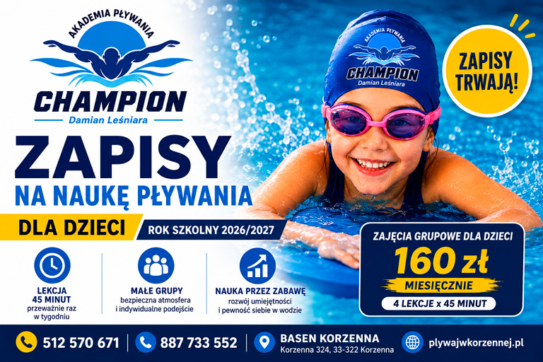Szkoła Pływania CHAMPION Korzenna – zapisy na lekcje pływania dla dzieci i dorosłych na rok 2026/2027