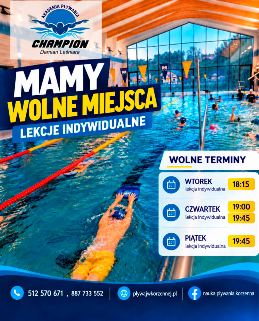 Wolne miejsca na indywidualne lekcje pływania w Szkole Pływania CHAMPION Korzenna – wtorek 18:15, czwartek 19:00 i 19:45 oraz piątek 19:45.